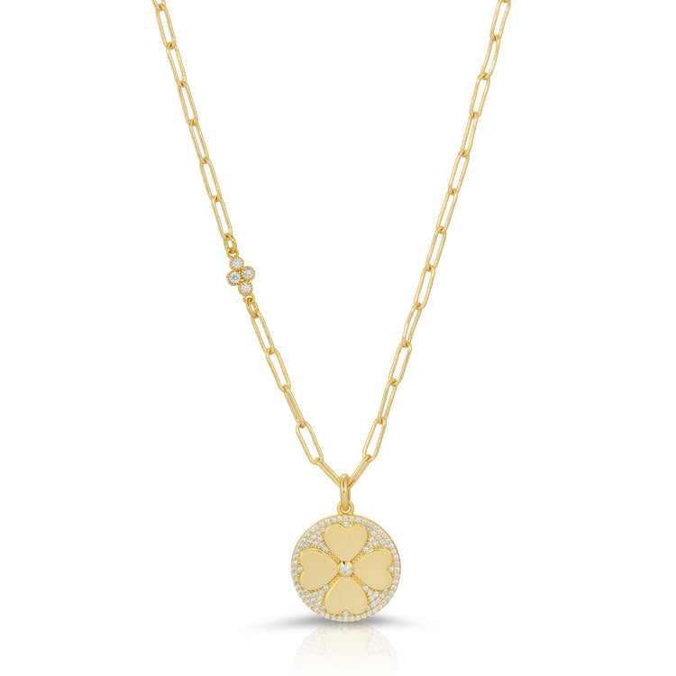 Lucky 2 Sterling Silver 14K Gold Plated Clover and Micro Pave CZ Charm Necklace with Small Finding in Chain necklace