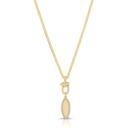 Sterling Silver 14K Gold Plated Long Necklace with Oval Charm and Tiny Micro Pave CZ Stones necklace